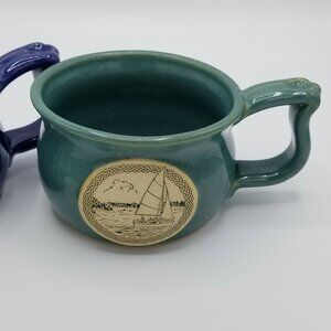 Stoneware Pottery Coffee‎ Cups Moose & Sail Boat Green and Blue Lot 2